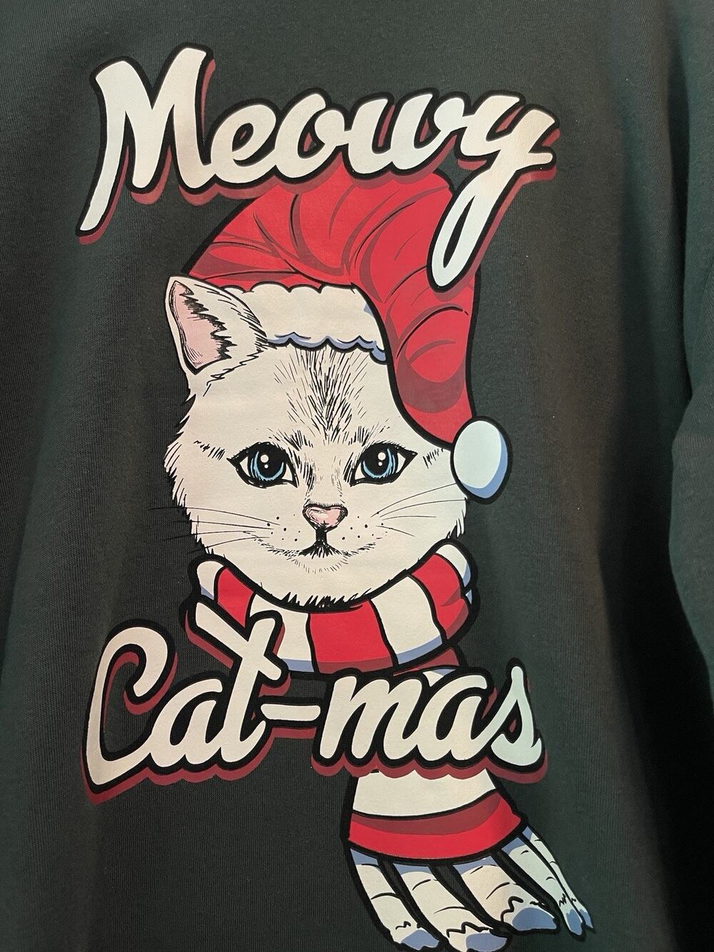 Holiday Sweatshirt Unisex Large Dark Green Meowy Catmas Long Sleeve New